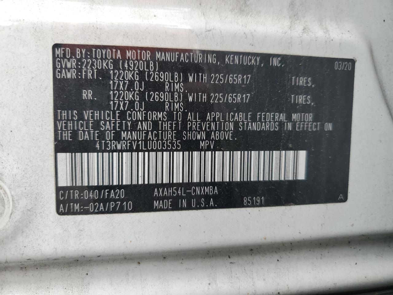 2020 Toyota Rav4 Xle VIN: 4T3RWRFV1LU003535 Lot: 64104465