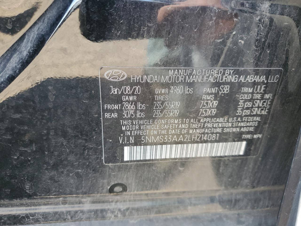 2020 Hyundai Santa Fe Sel VIN: 5NMS33AA2LH214081 Lot: 63249085