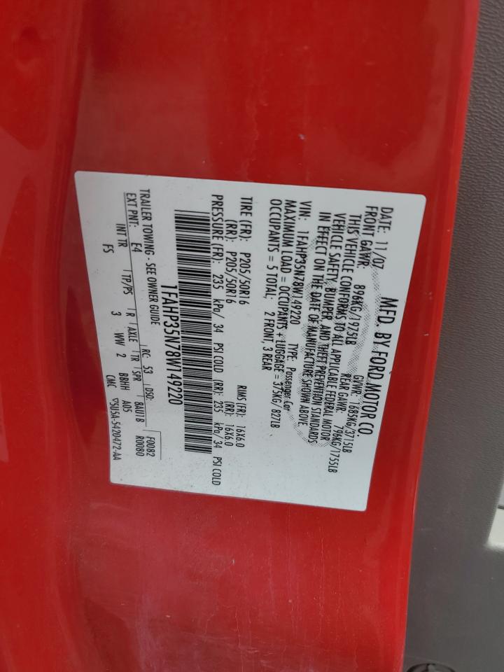 2008 Ford Focus Se VIN: 1FAHP35N78W149220 Lot: 63380695