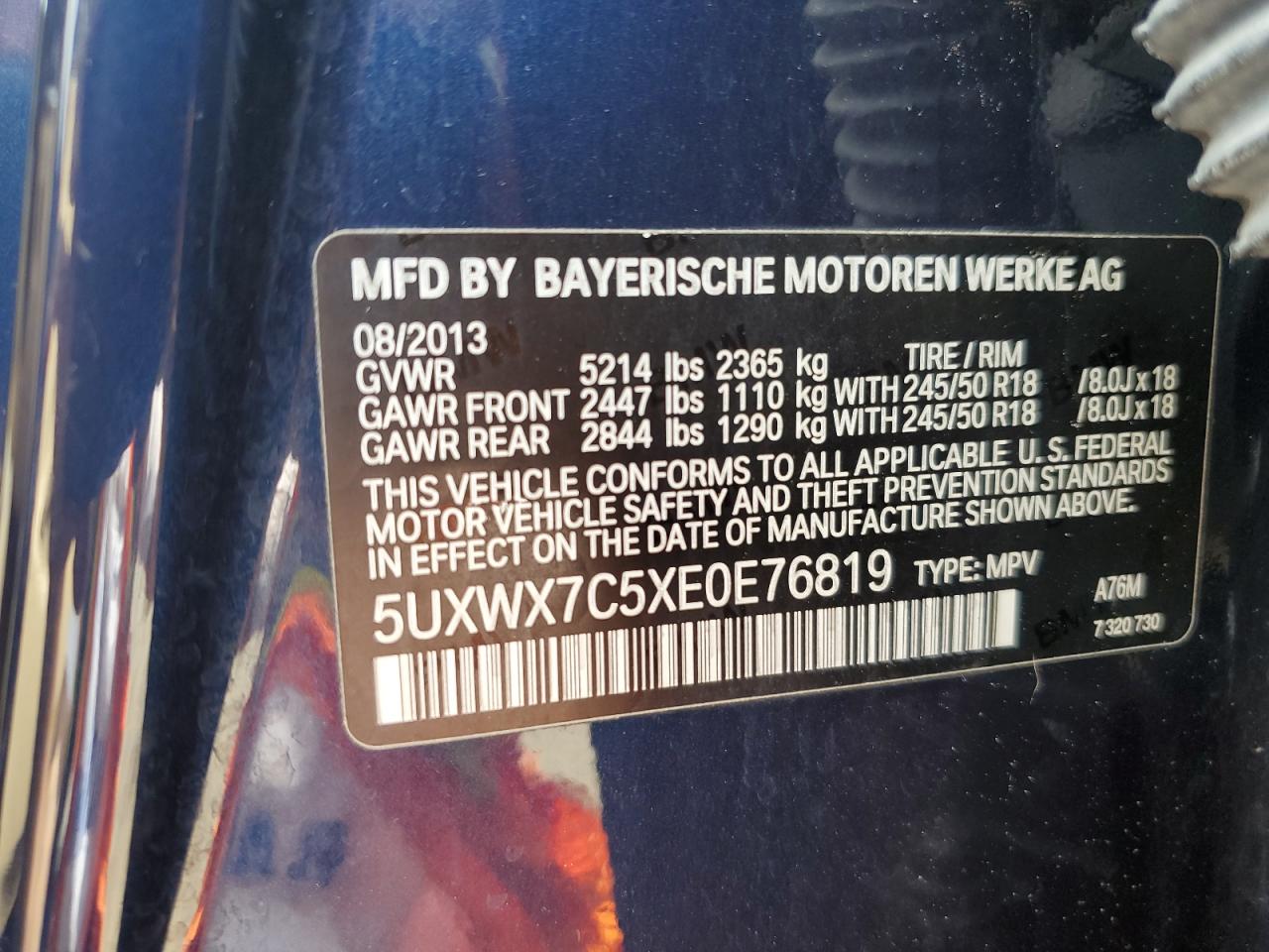 2014 BMW X3 xDrive35I VIN: 5UXWX7C5XE0E76819 Lot: 64476495