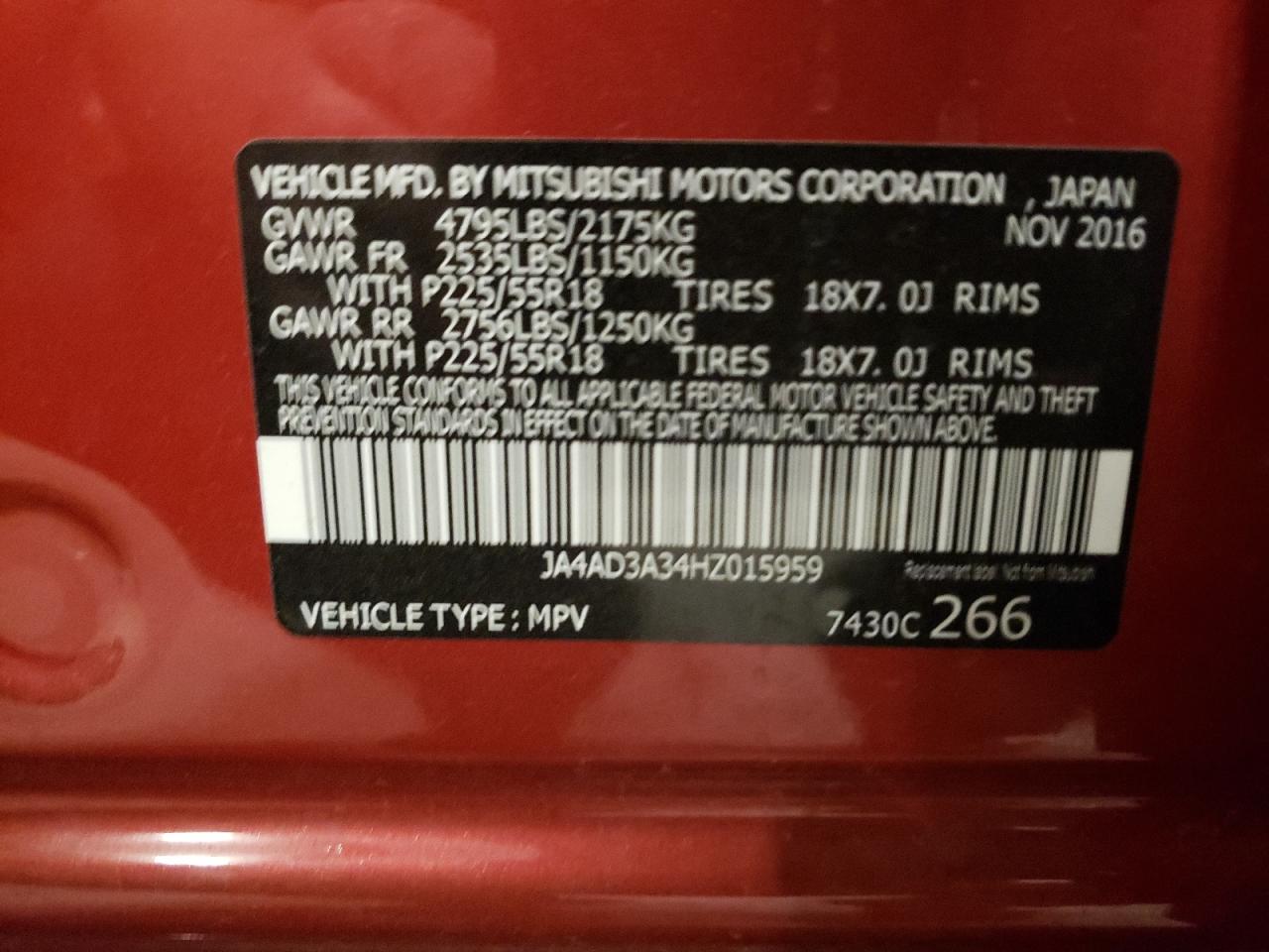 2017 Mitsubishi Outlander Se VIN: JA4AD3A34HZ015959 Lot: 64374445