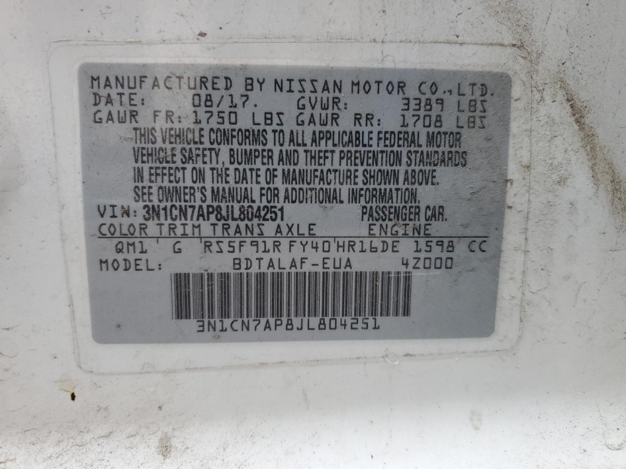 2018 Nissan Versa S VIN: 3N1CN7AP8JL804251 Lot: 67069565