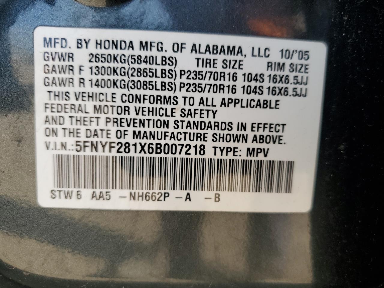 2006 Honda Pilot Lx VIN: 5FNYF281X6B007218 Lot: 61476645