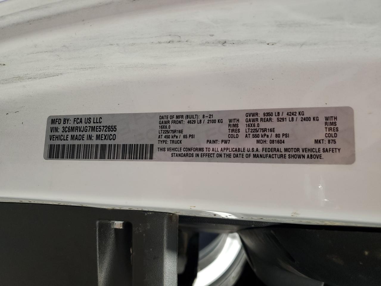 2021 Ram Promaster 3500 3500 High VIN: 3C6MRVJG7ME572655 Lot: 65630615