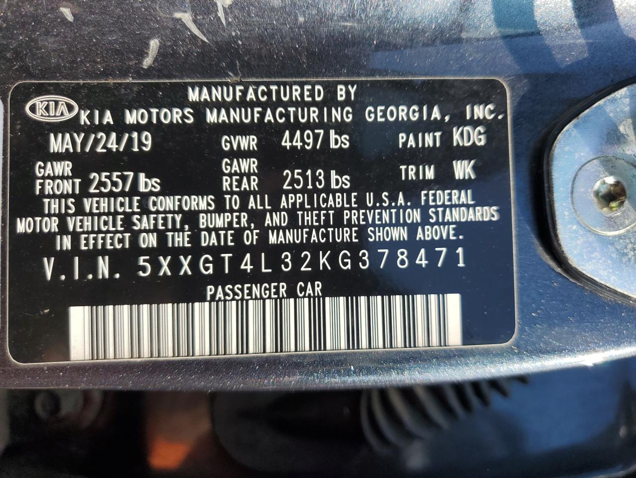 5xxgt4l32kg378471 5XXGT4L32KG378471 2019 Kia Optima Lx
