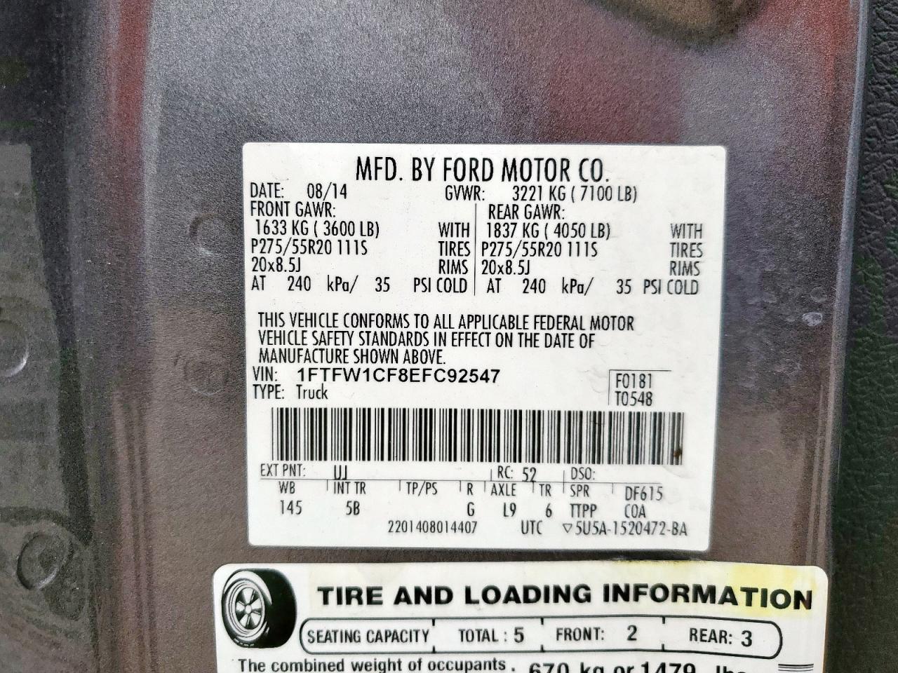 2014 Ford F150 Supercrew VIN: 1FTFW1CF8EFC92547 Lot: 65499185