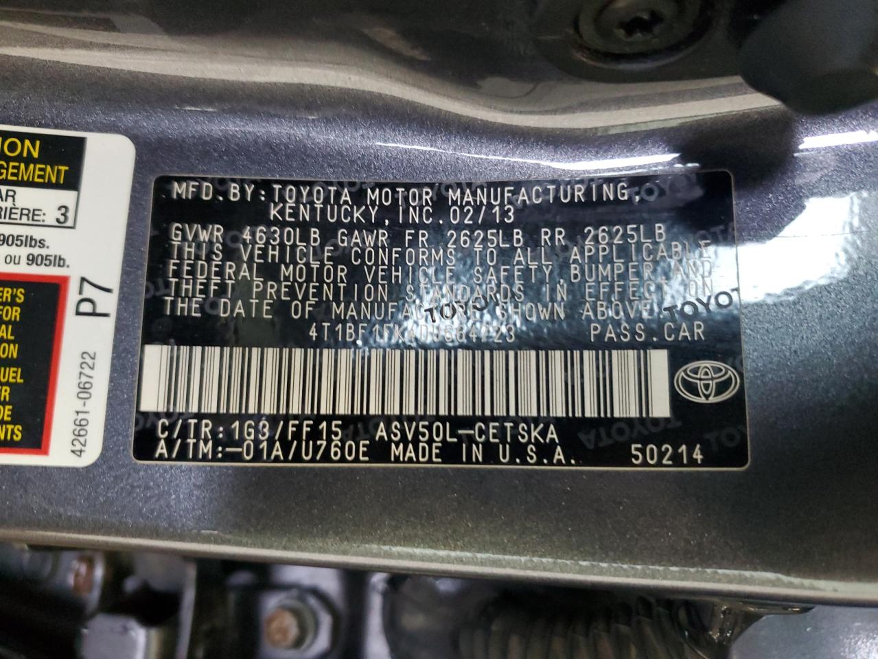 2013 Toyota Camry L VIN: 4T1BF1FK4DU664723 Lot: 65007245