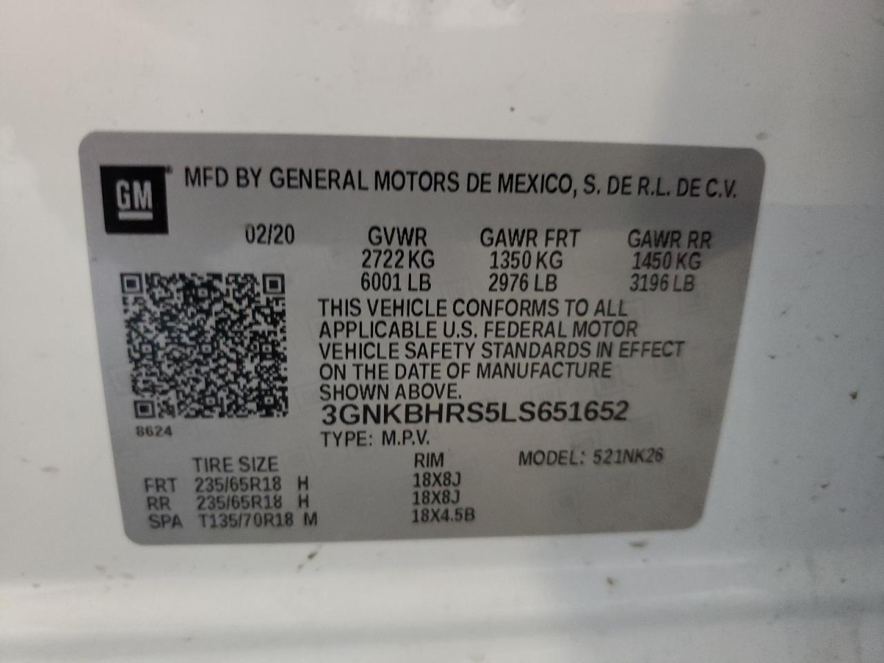 2020 Chevrolet Blazer 2Lt VIN: 3GNKBHRS5LS651652 Lot: 65385485