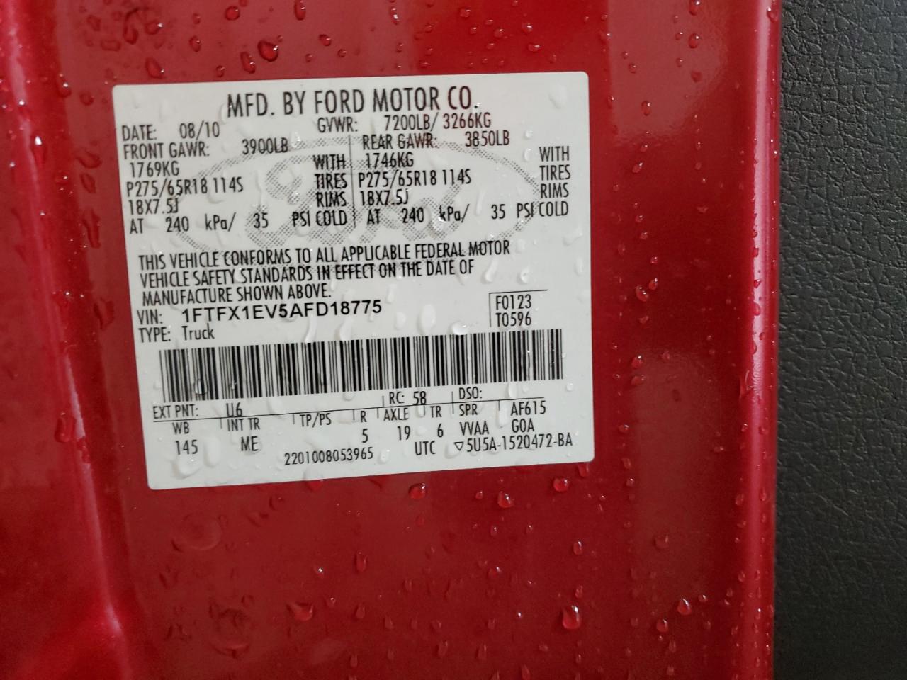 2010 Ford F150 Super Cab VIN: 1FTFX1EV5AFD18775 Lot: 64235525