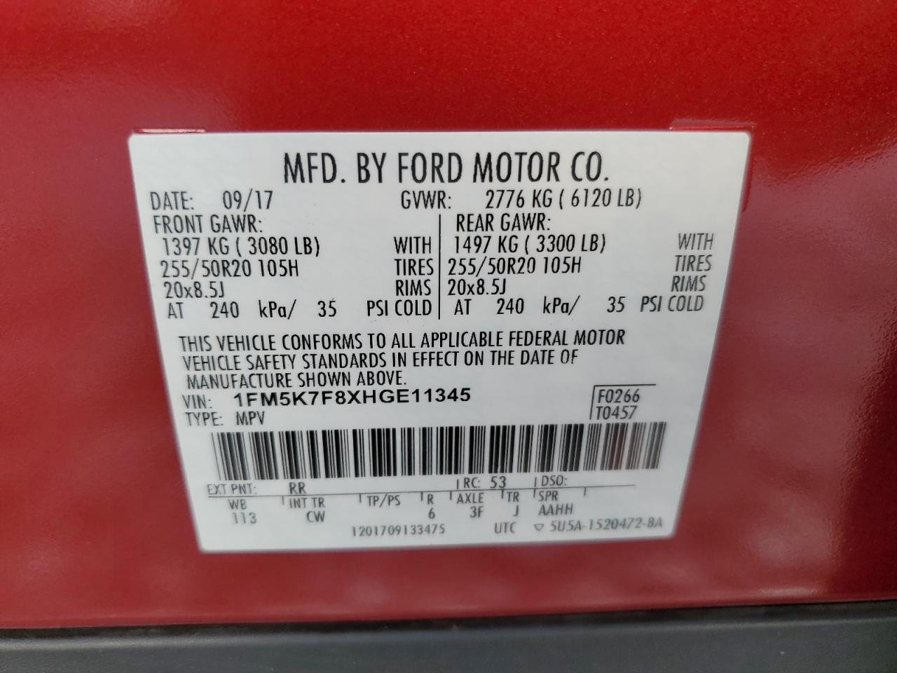 2017 Ford Explorer Limited VIN: 1FM5K7F8XHGE11345 Lot: 65042275