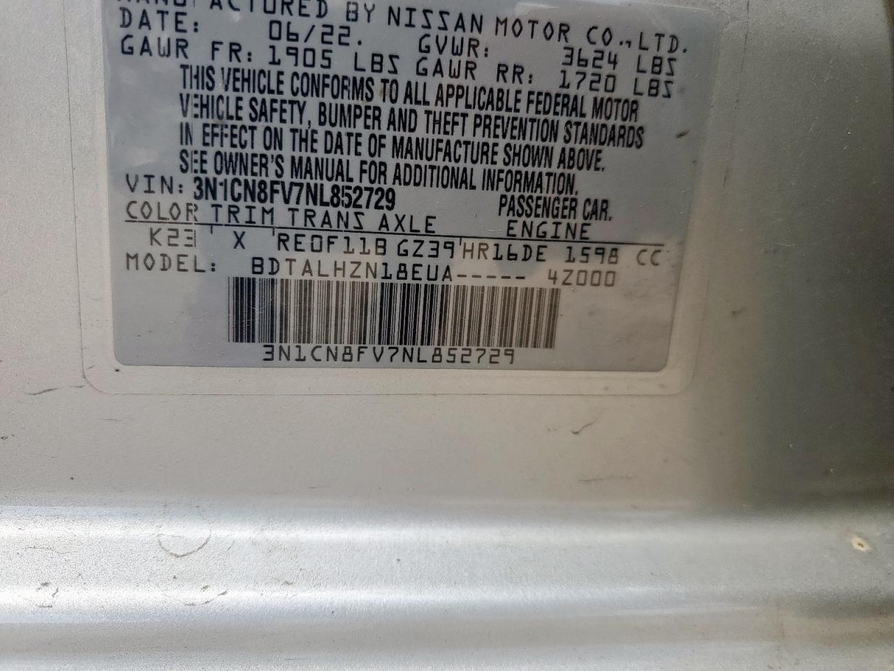 2022 Nissan Versa Sr VIN: 3N1CN8FV7NL852729 Lot: 63051255