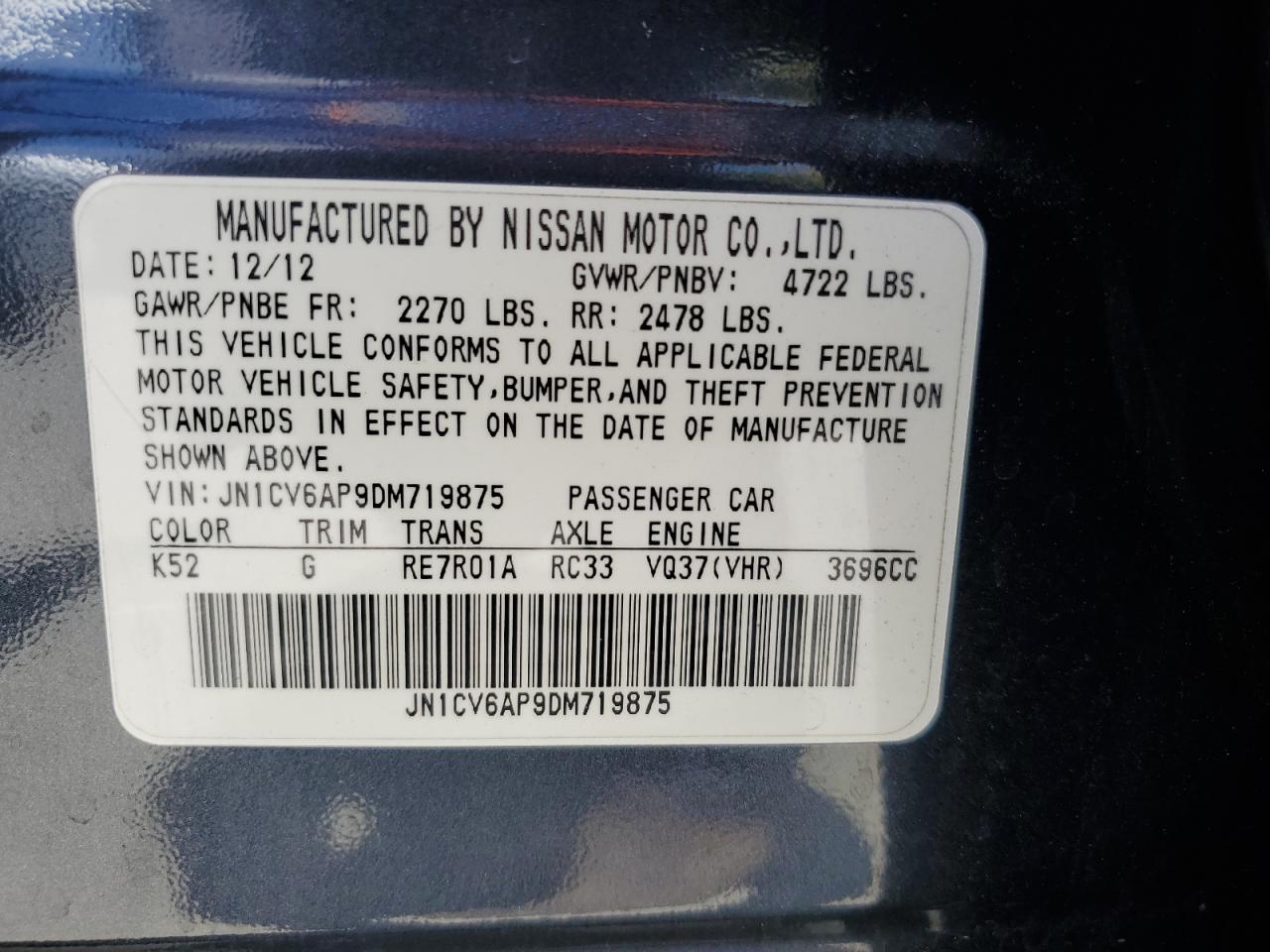 2013 Infiniti G37 Base VIN: JN1CV6AP9DM719875 Lot: 65623165