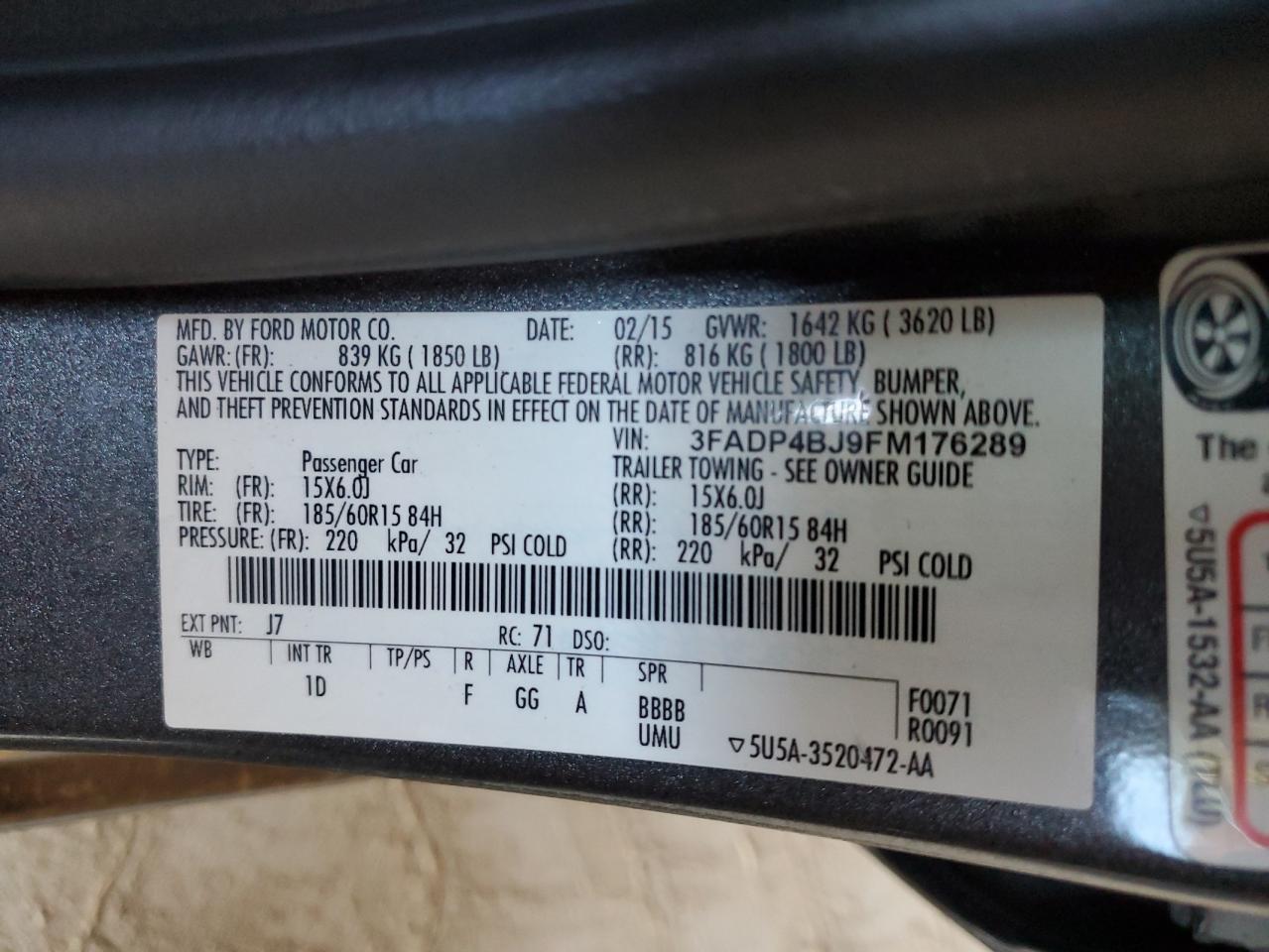2015 Ford Fiesta Se VIN: 3FADP4BJ9FM176289 Lot: 64190405