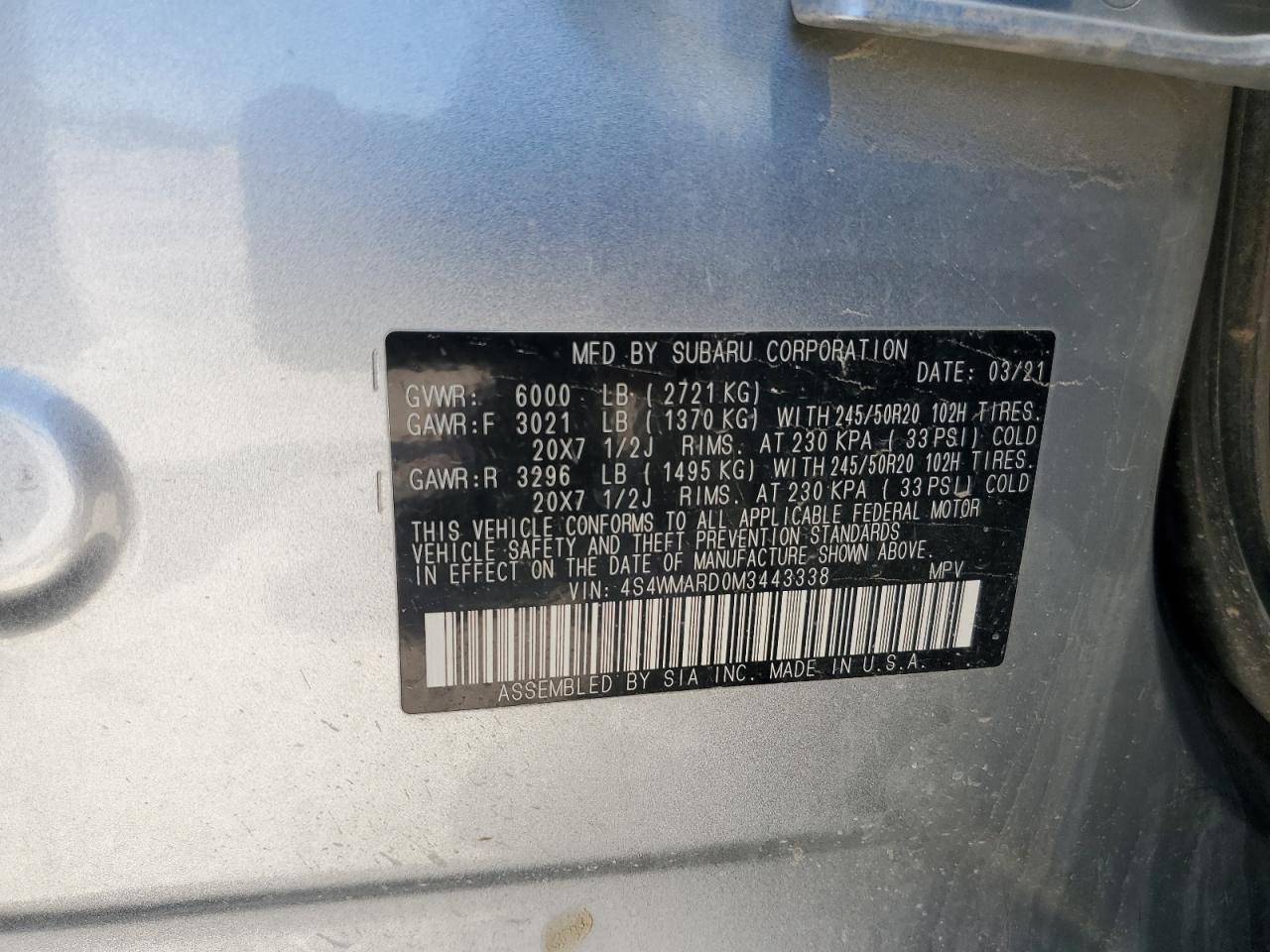 2021 Subaru Ascent Touring VIN: 4S4WMARD0M3443338 Lot: 61963255