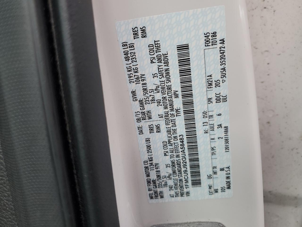 2016 Ford Escape Titanium VIN: 1FMCU9J92GUA58483 Lot: 65204605