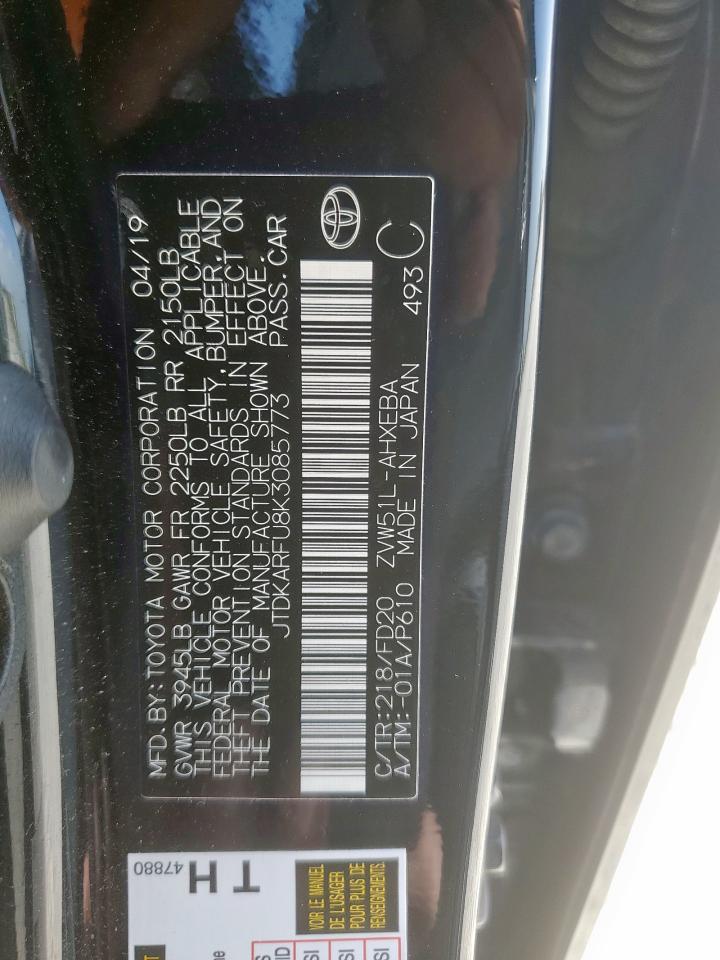 2019 Toyota Prius VIN: JTDKARFU8K3085773 Lot: 62581555