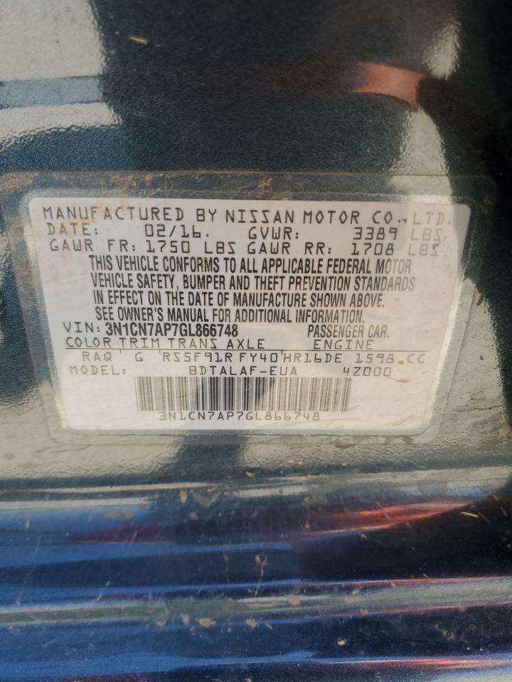2016 Nissan Versa S VIN: 3N1CN7AP7GL866748 Lot: 65289075