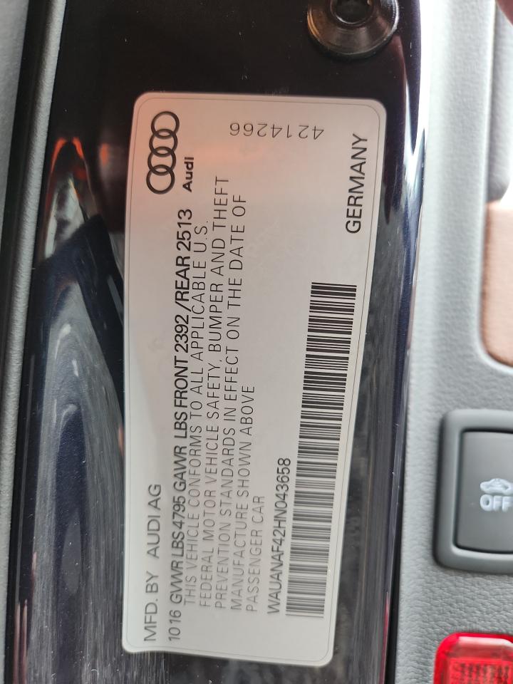 2017 Audi A4 Premium VIN: WAUANAF42HN043658 Lot: 64422045