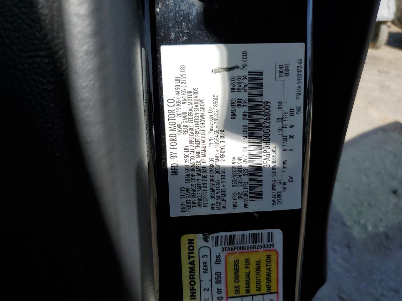 2016 Ford Fusion Se VIN: 3FA6P0HD0GR268009 Lot: 66968505