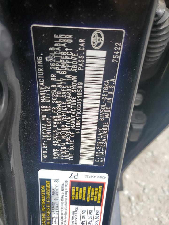 2012 Toyota Camry Se VIN: 4T1BK1FKXCU510589 Lot: 65129725