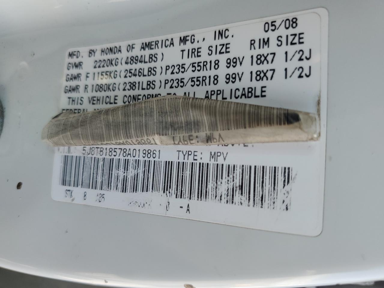 2008 Acura Rdx Technology VIN: 5J8TB18578A019861 Lot: 63691455