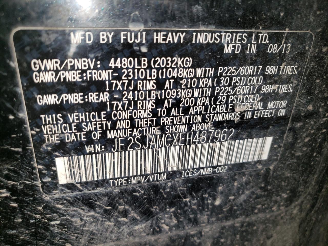 2014 Subaru Forester 2.5I Touring VIN: JF2SJAMCXEH487962 Lot: 65094085