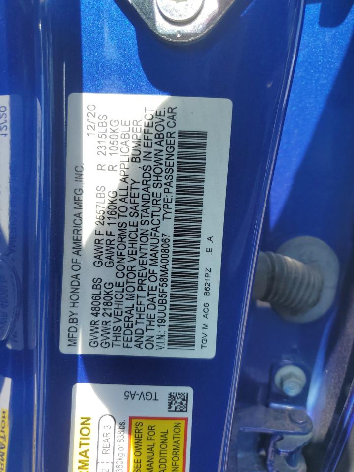 2021 Acura Tlx Tech A VIN: 19UUB5F58MA008067 Lot: 62893135