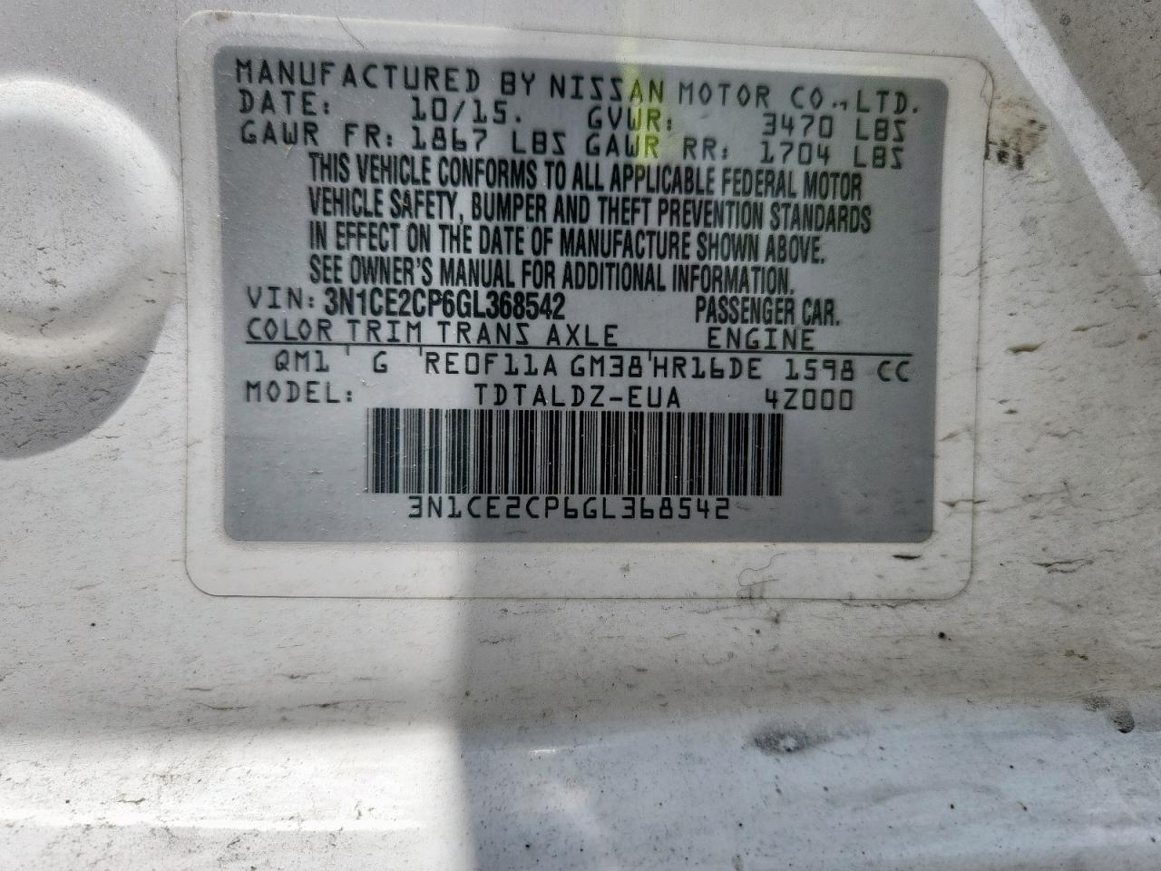 2016 Nissan Versa Note S VIN: 3N1CE2CP6GL368542 Lot: 64676555