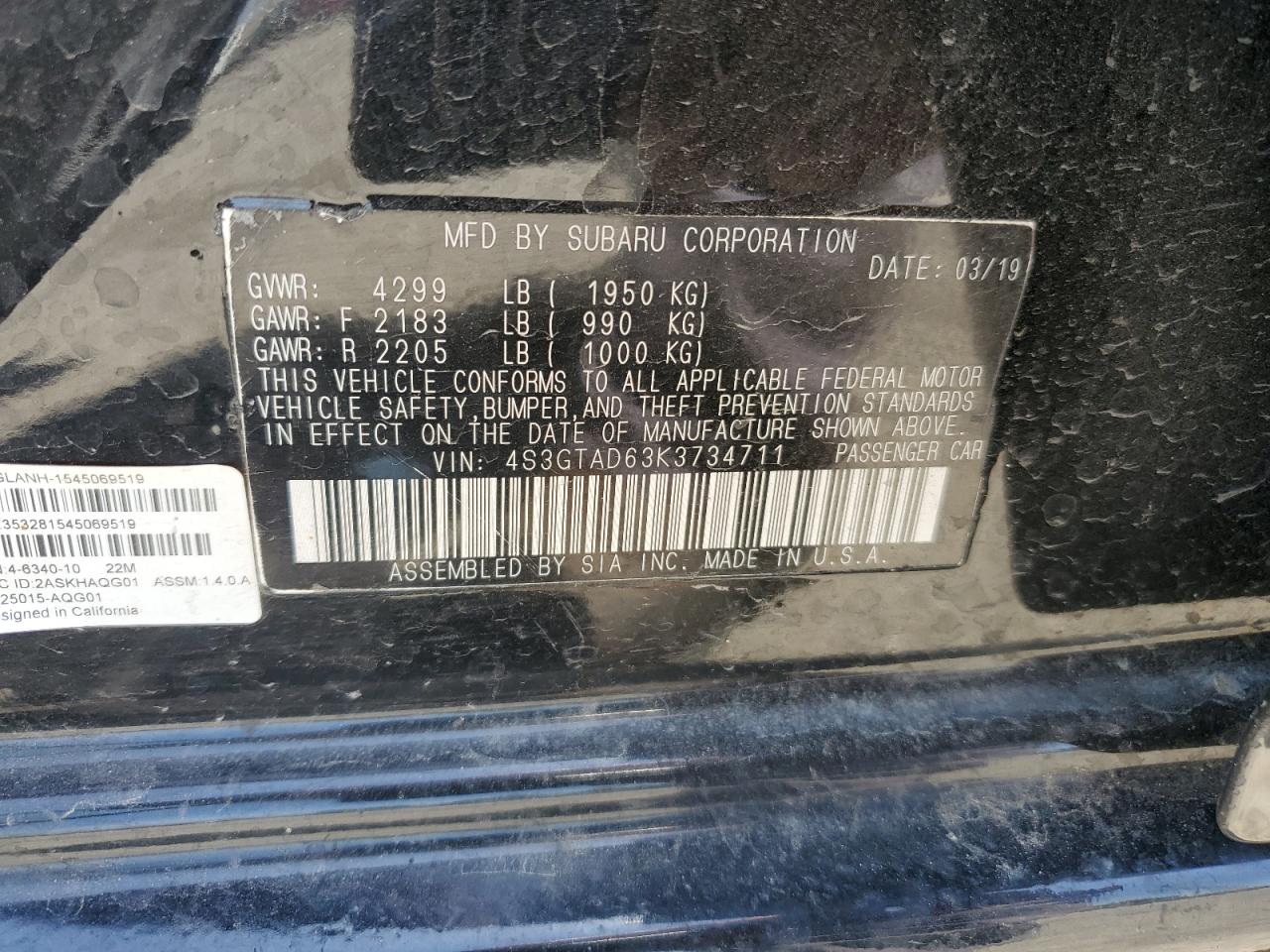 2019 Subaru Impreza Premium VIN: 4S3GTAD63K3734711 Lot: 64337755