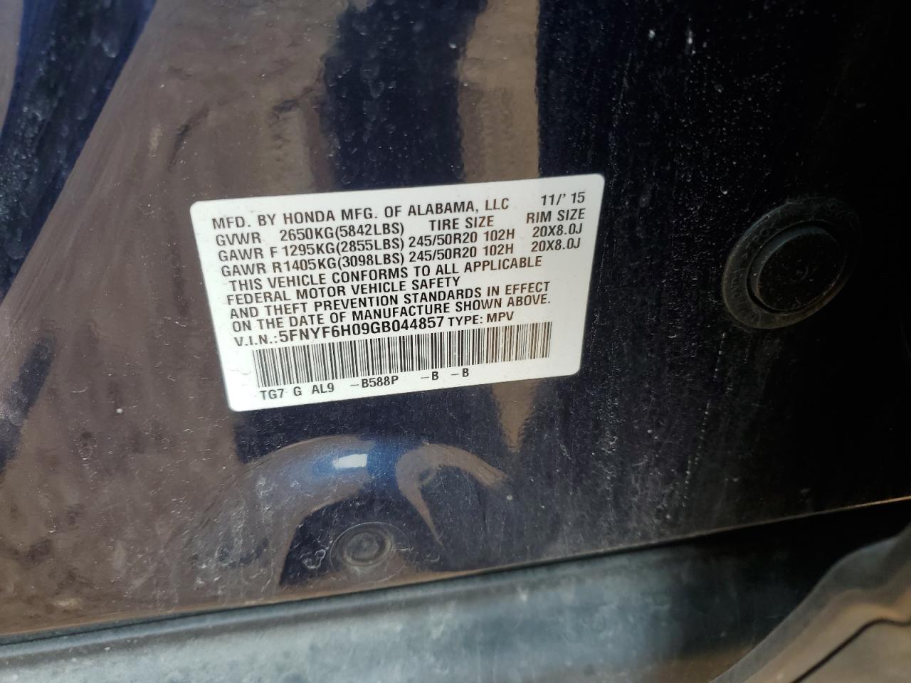 2016 Honda Pilot Elite VIN: 5FNYF6H09GB044857 Lot: 64362735