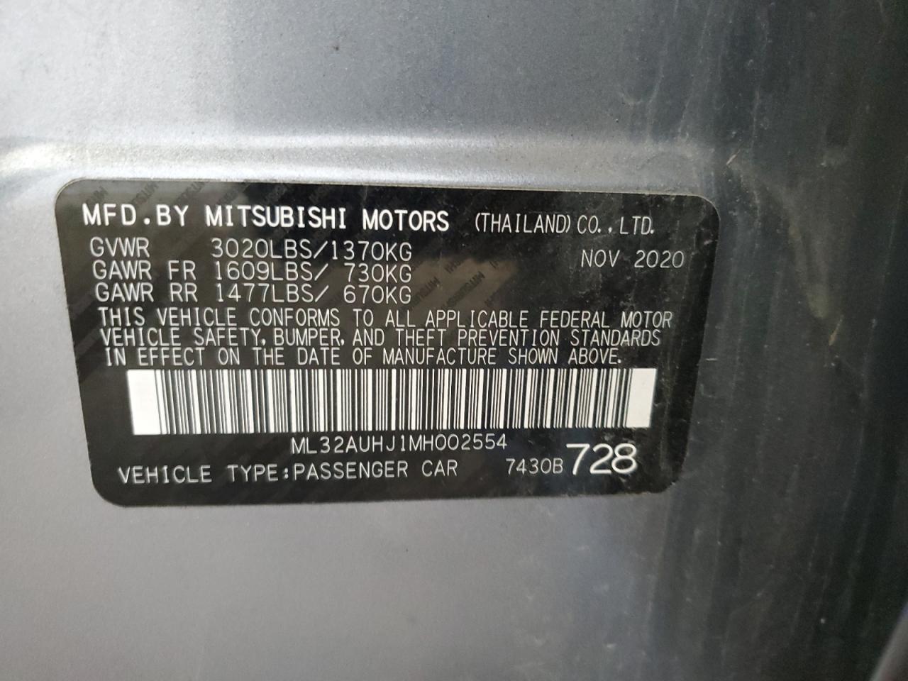 2021 Mitsubishi Mirage Es VIN: ML32AUHJ1MH002554 Lot: 63336425