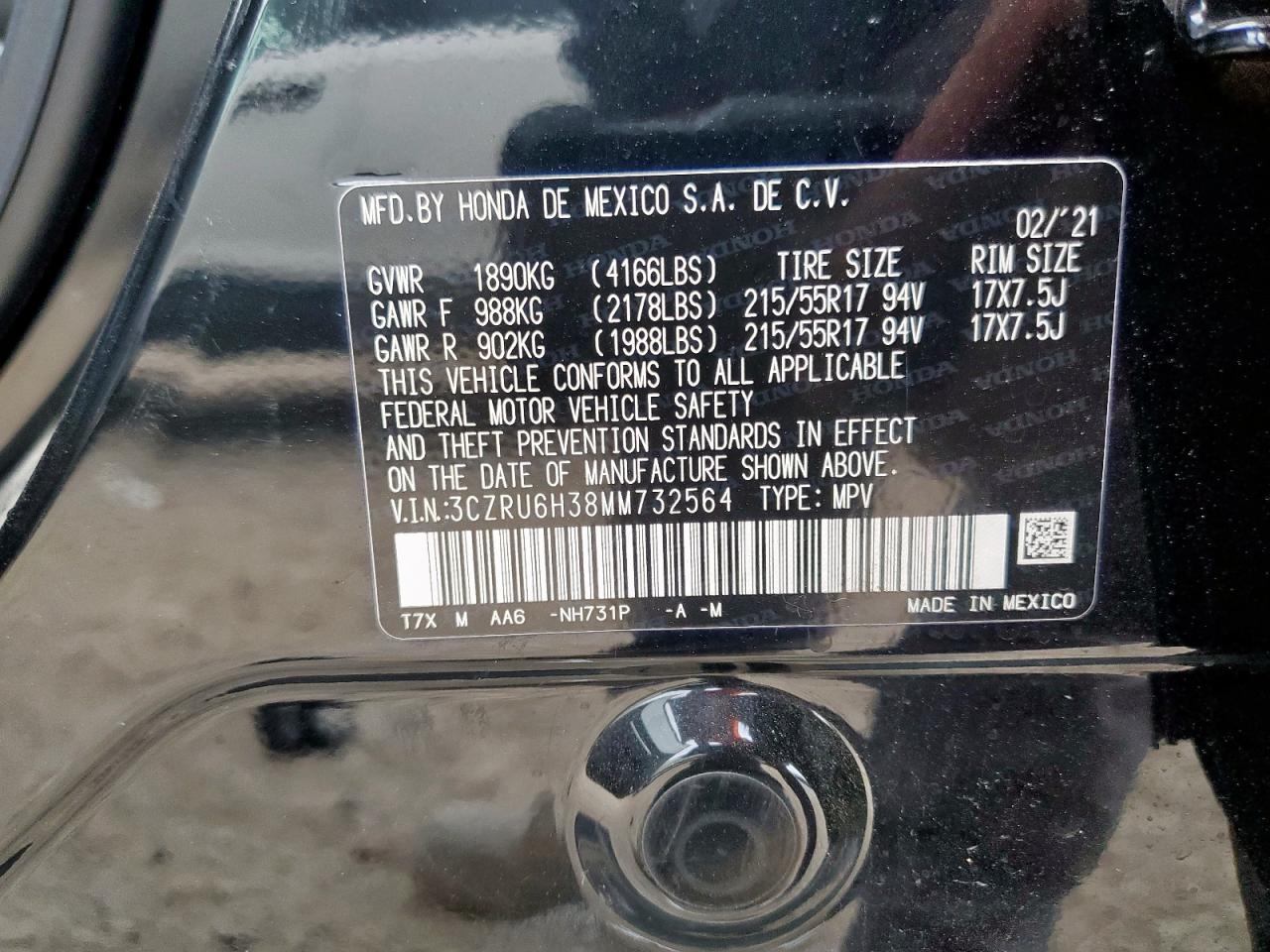 2021 Honda Hr-V Lx VIN: 3CZRU6H38MM732564 Lot: 66123505