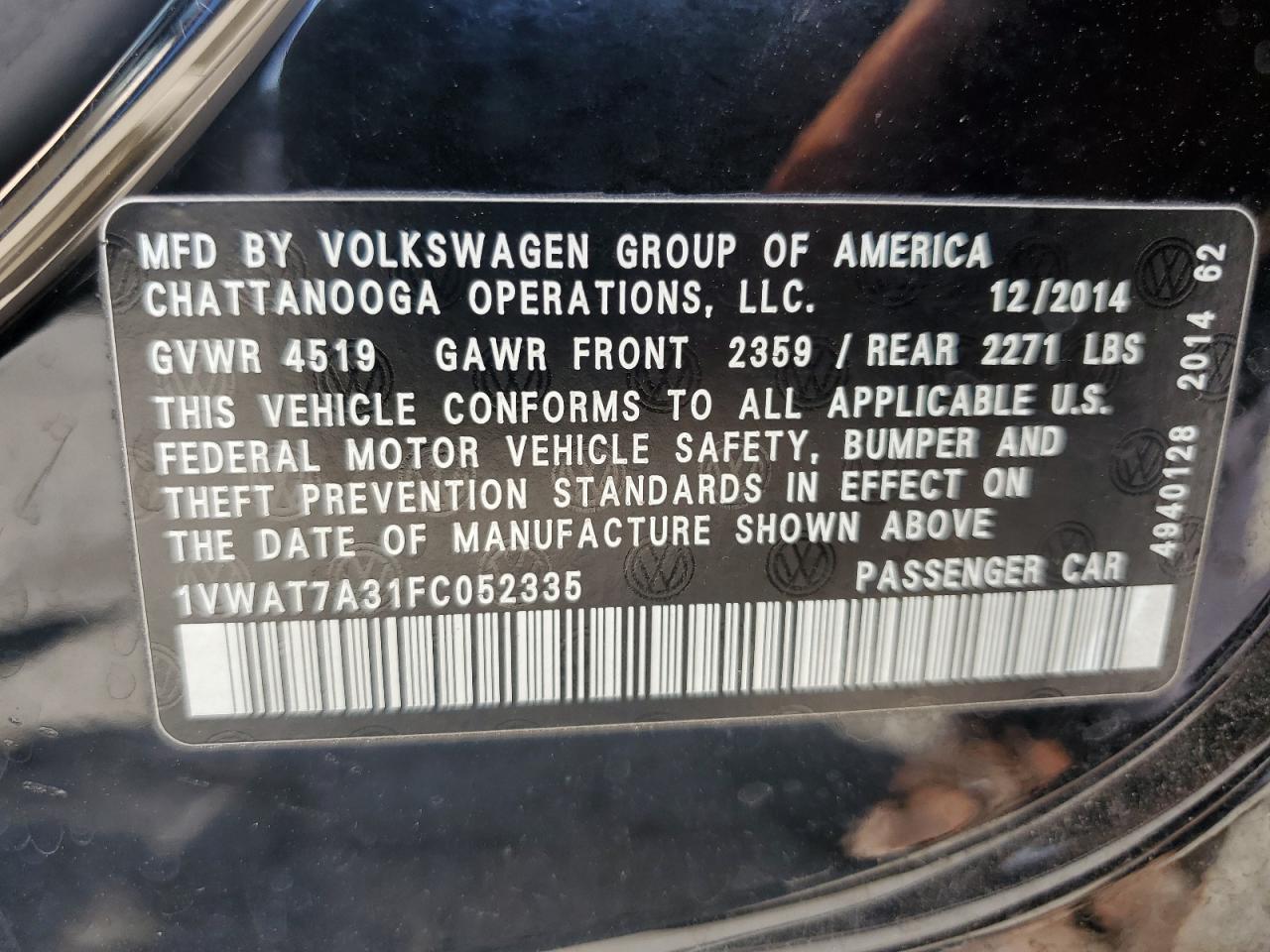 2015 Volkswagen Passat S VIN: 1VWAT7A31FC052335 Lot: 66580915
