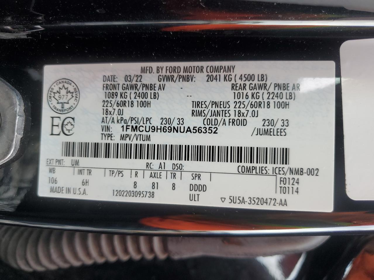 2022 Ford Escape Sel VIN: 1FMCU9H69NUA56352 Lot: 63533645