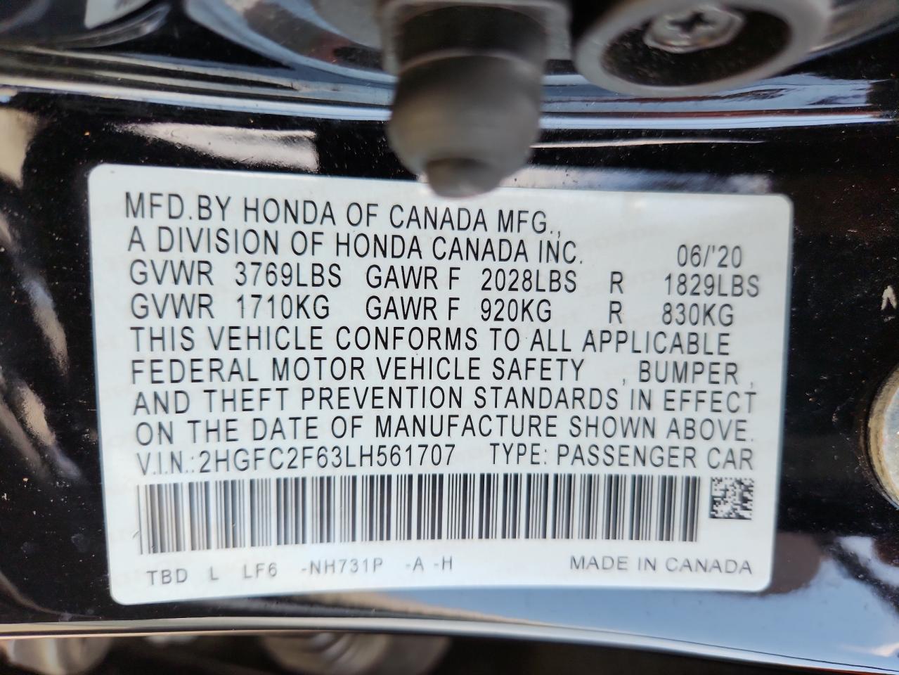 2020 Honda Civic Lx VIN: 2HGFC2F63LH561707 Lot: 65090395