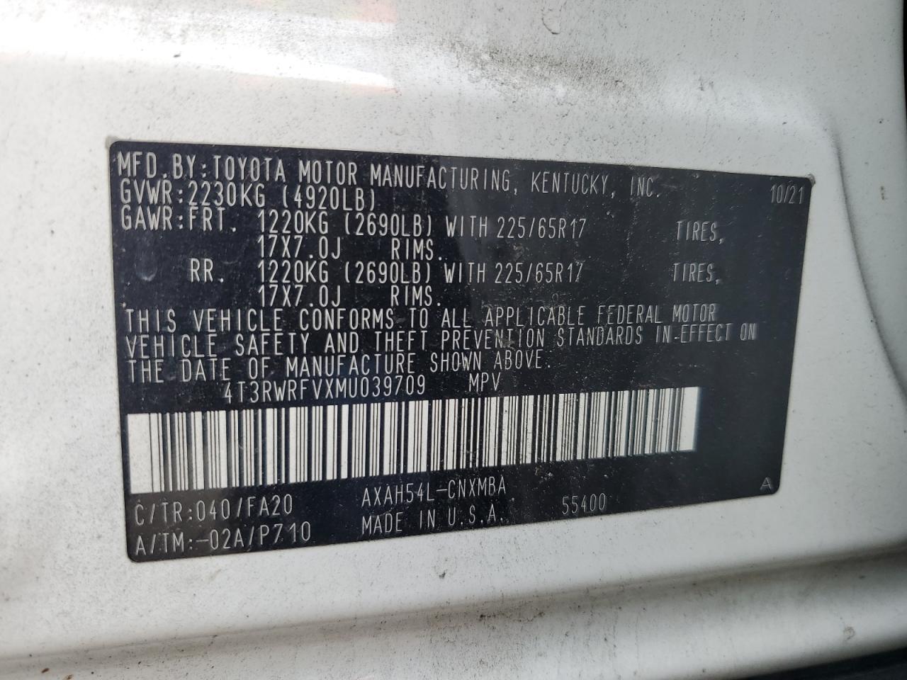 2021 Toyota Rav4 Xle VIN: 4T3RWRFVXMU039709 Lot: 65053045