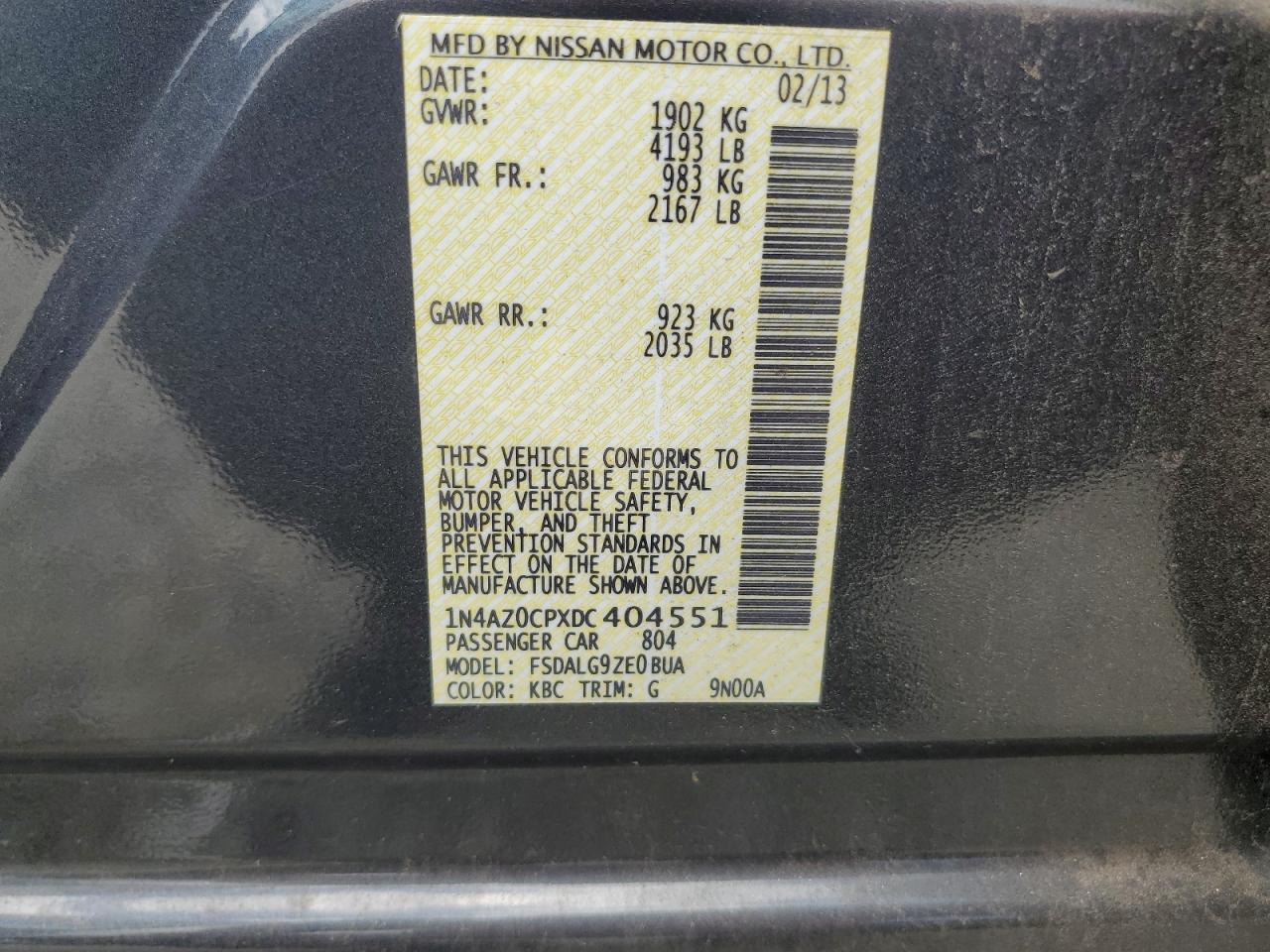 2013 Nissan Leaf S VIN: 1N4AZ0CPXDC404551 Lot: 63256905