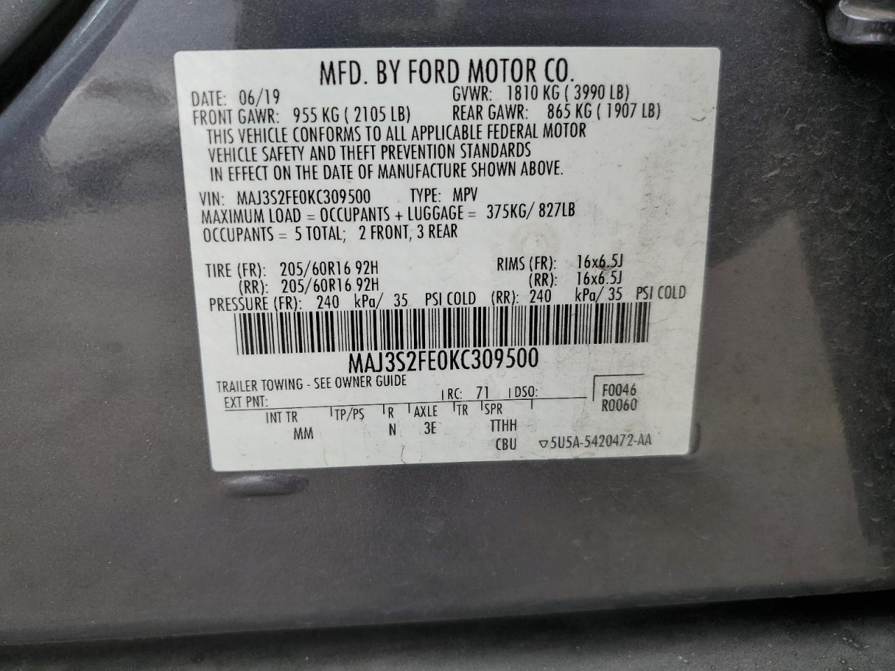 2019 Ford Ecosport S VIN: MAJ3S2FE0KC309500 Lot: 63466695