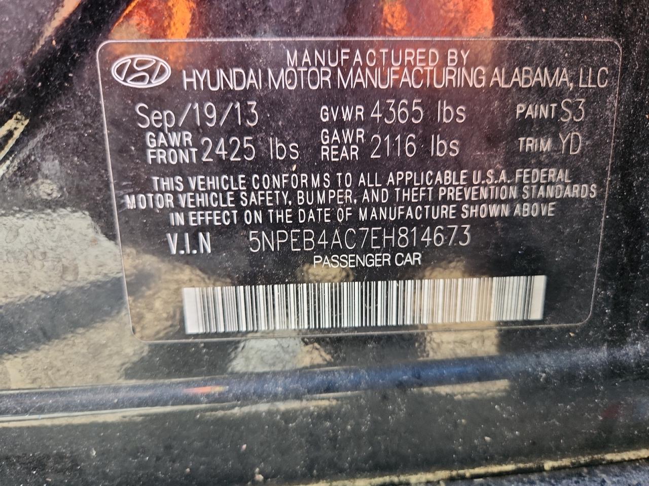 2014 Hyundai Sonata Gls VIN: 5NPEB4AC7EH814673 Lot: 59729785