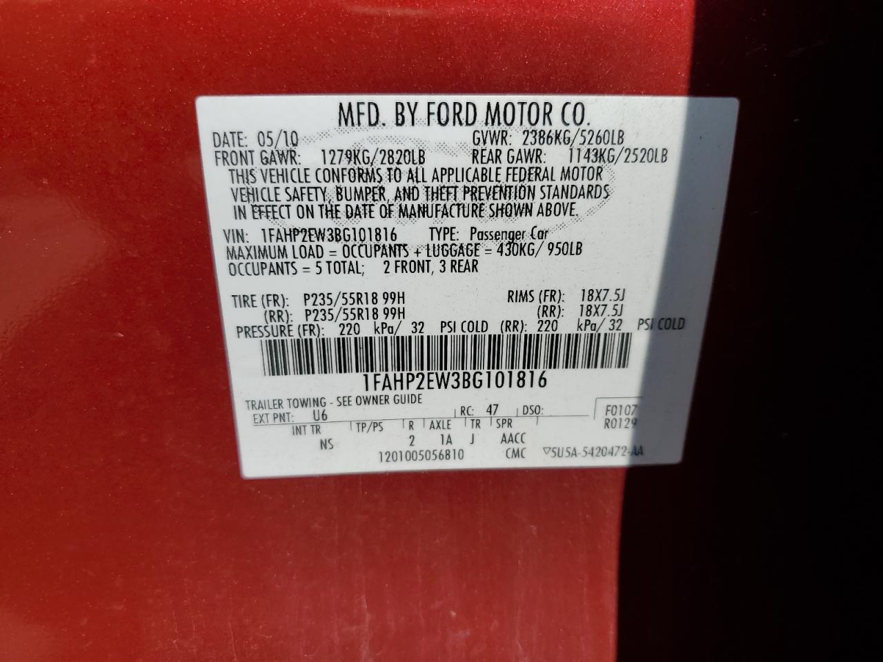 2011 Ford Taurus Sel VIN: 1FAHP2EW3BG101816 Lot: 65348845