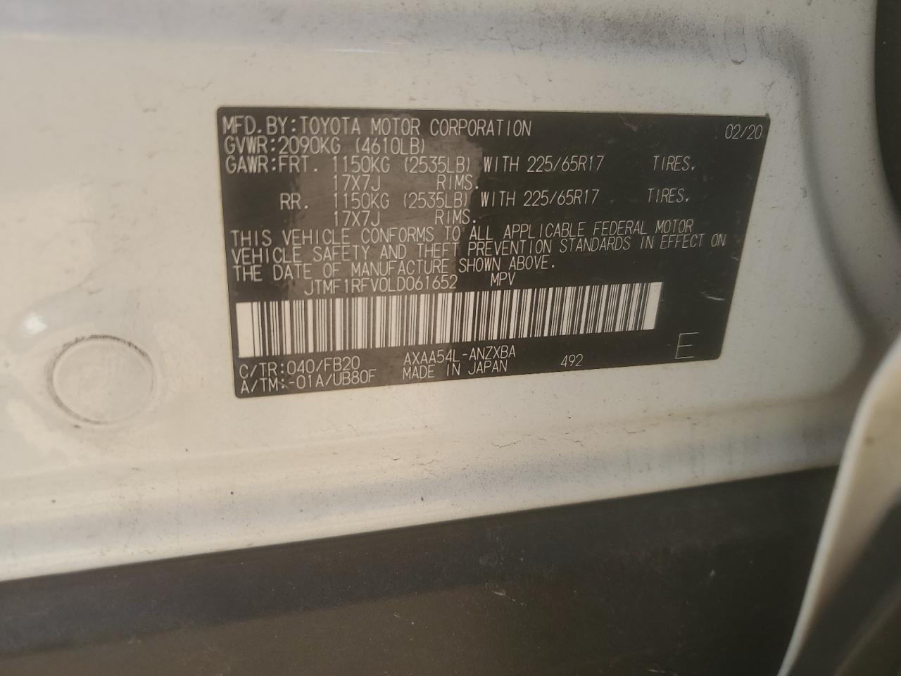 2020 Toyota Rav4 Le VIN: JTMF1RFV0LD061652 Lot: 65595695