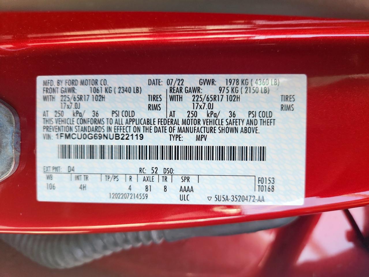 2022 Ford Escape Se VIN: 1FMCU0G69NUB22119 Lot: 62914545
