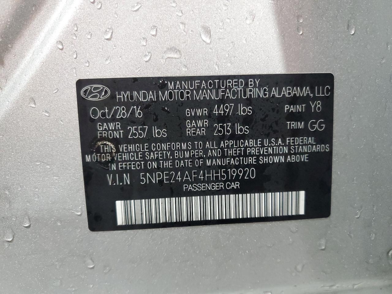 2017 Hyundai Sonata Se VIN: 5NPE24AF4HH519920 Lot: 66158035