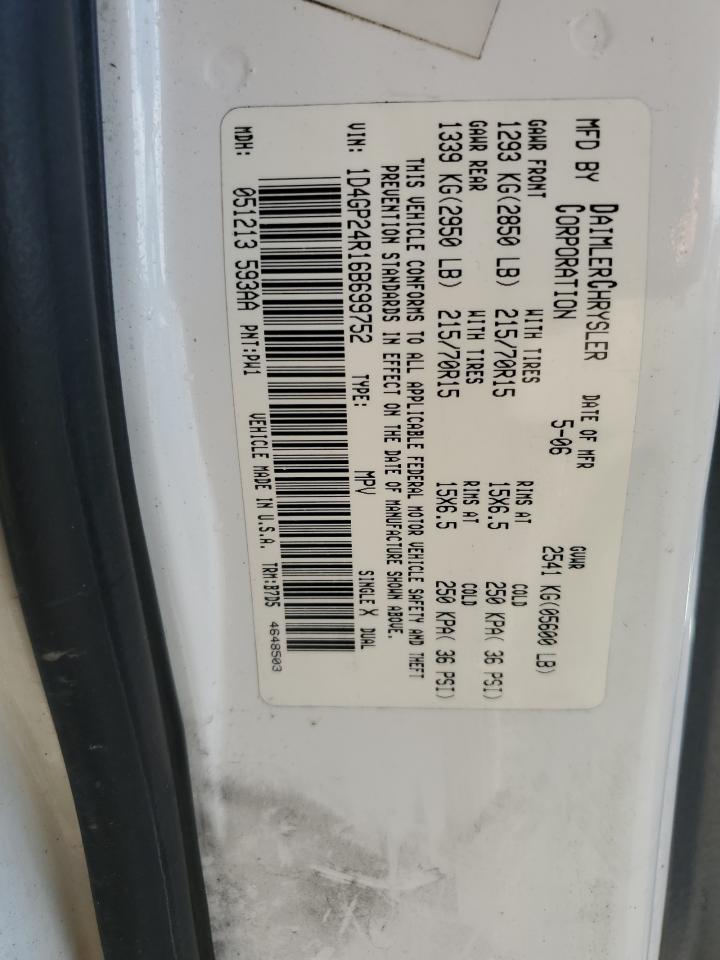 2006 Dodge Grand Caravan Se VIN: 1D4GP24R16B699752 Lot: 64595235