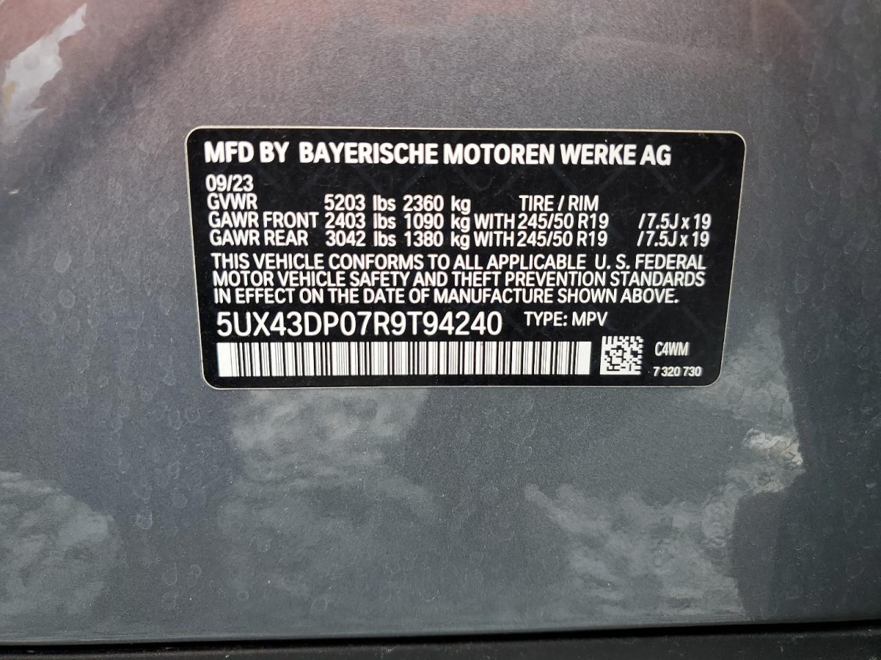 2024 BMW X3 Sdrive30I VIN: 5UX43DP07R9T94240 Lot: 63049895