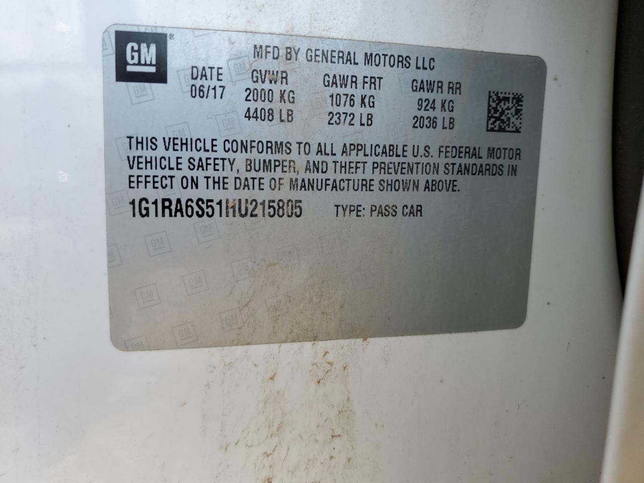 2017 Chevrolet Volt Lt VIN: 1G1RA6S51HU215805 Lot: 63981795
