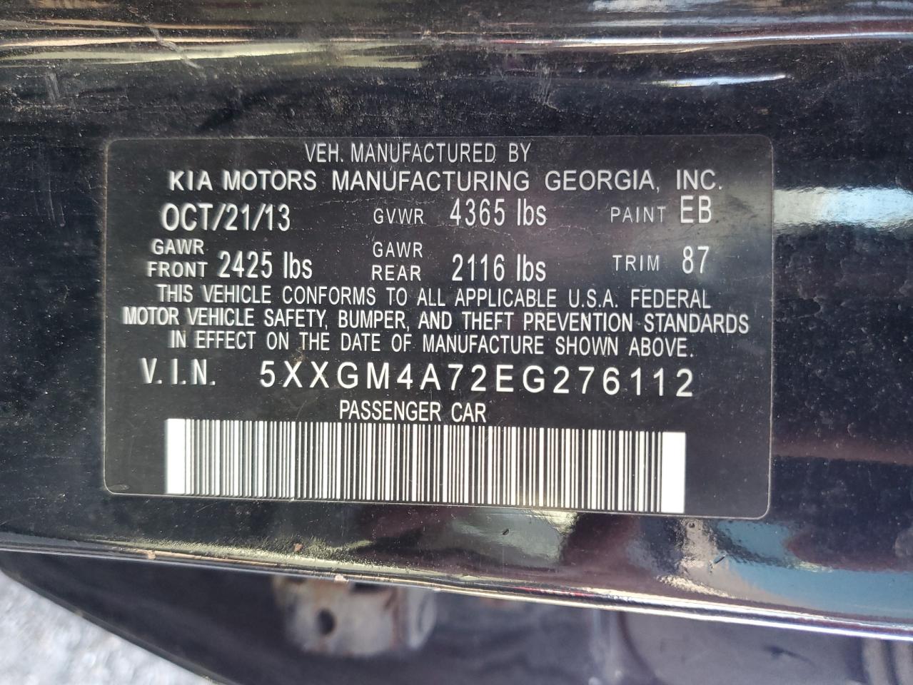 2014 Kia Optima Lx VIN: 5XXGM4A72EG276112 Lot: 65463975