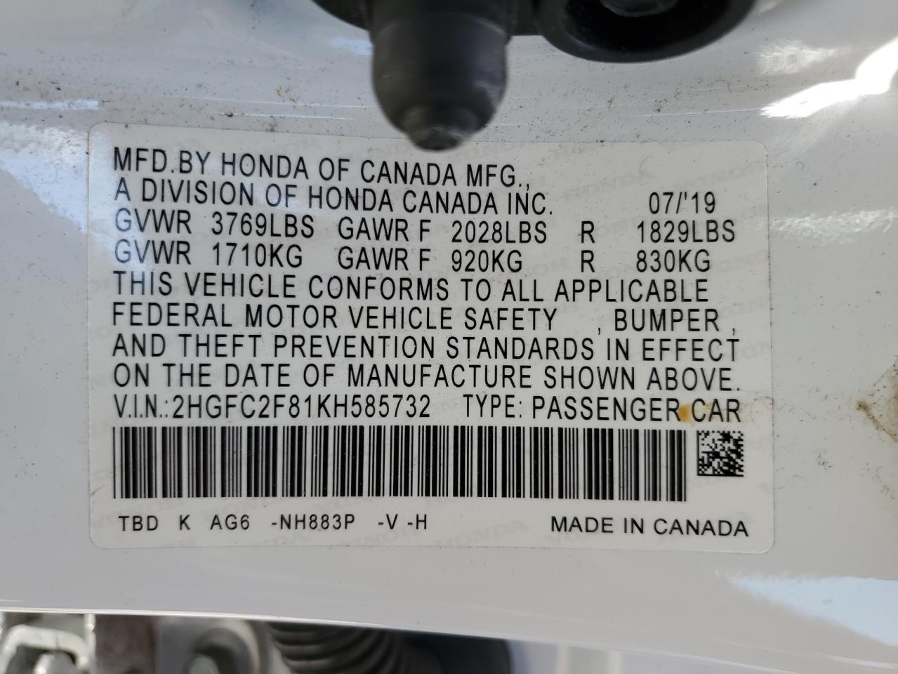 2019 Honda Civic Sport VIN: 2HGFC2F81KH585732 Lot: 65061195