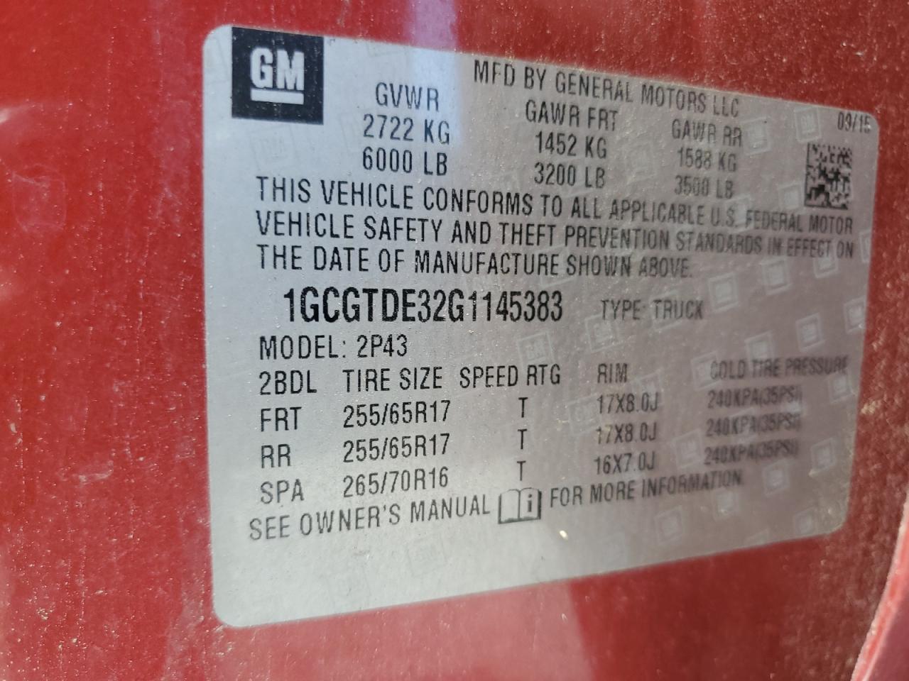 2016 Chevrolet Colorado Z71 VIN: 1GCGTDE32G1145383 Lot: 64227435