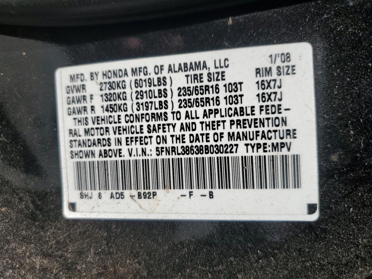 2008 Honda Odyssey Exl VIN: 5FNRL38638B030227 Lot: 64860815
